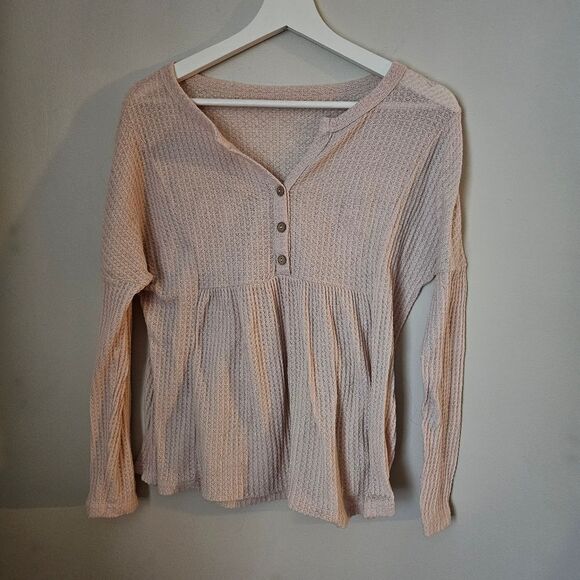 Shein Thermal Top Long Sleeve V-Neck Button front Casual Neutral Cream - Picture 1 of 10